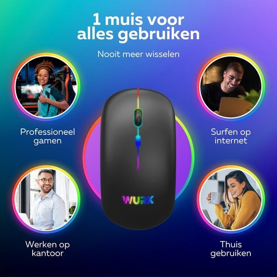 Wurk Draadloze RGB Muis – Oplaadbaar – Bluetooth 4.0 – 2.4GHz – USB – Draadloos – Computermuis – Laptop – PC – Zwart