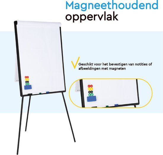 BRASQ Flipover - 70x100 cm - Verstelbaar Whiteboard - Inclusief 25 vellen papier, 4 Stiften, 8 Magneten, Wisser - Magnetisch bord met Haken - Magneetbord - Zwart