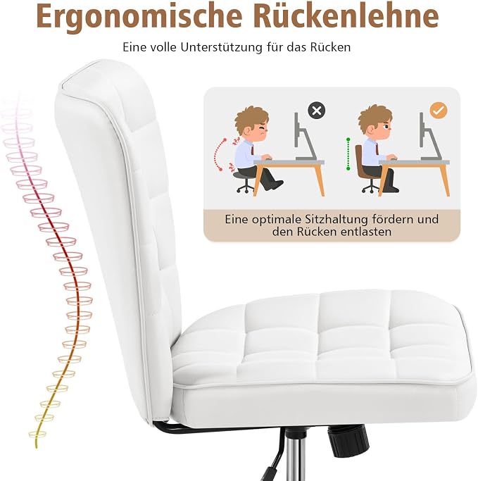 Yaheetech Bureaustoel – Wit Kunstleer – In Hoogte Verstelbaar – 63 x 54,5 x 94 cm