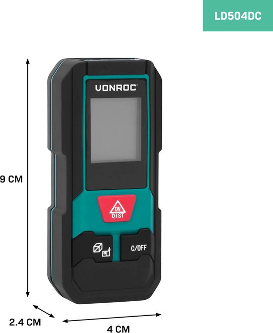 VONROC Laser Afstandsmeter – 20 meter bereik – Zeer compact formaat – meet afstand, oppervlakte, volume, Pythagorisch – aanpasbare meetreferentie – Inclusief batterijen