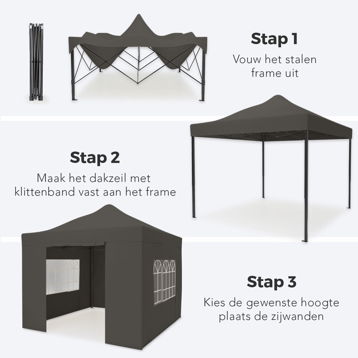 LifeGoods Partytent - 3x3 m - Antraciet - Easy Up Paviljoen met Zijwanden - Draagtas
