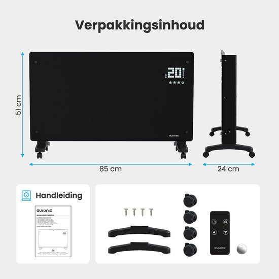 Auronic Elektrische Kachel – Met Thermostaat en Afstandsbediening - Glazen Paneel- 2500W Heater - Zwart