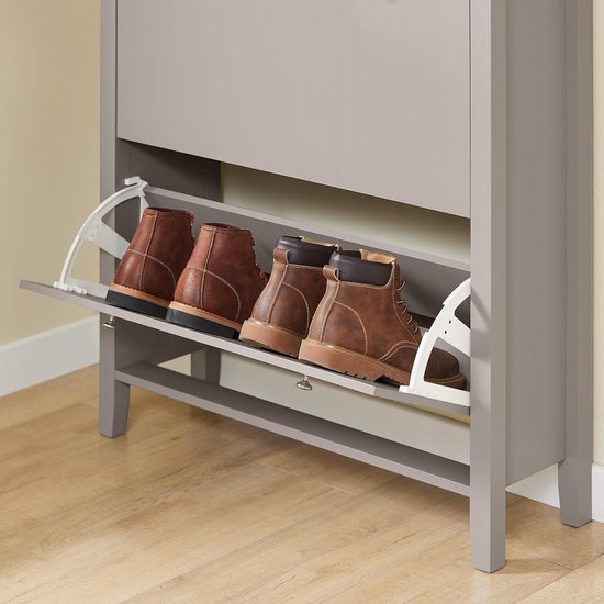 SoBuy FSR89-KA Schoenenkast met 2 Kleppen & Grote Lade – 12 paar schoenenopberglade voor entree, hal – Schoenenrek lichtbruin, 80×25×108cm