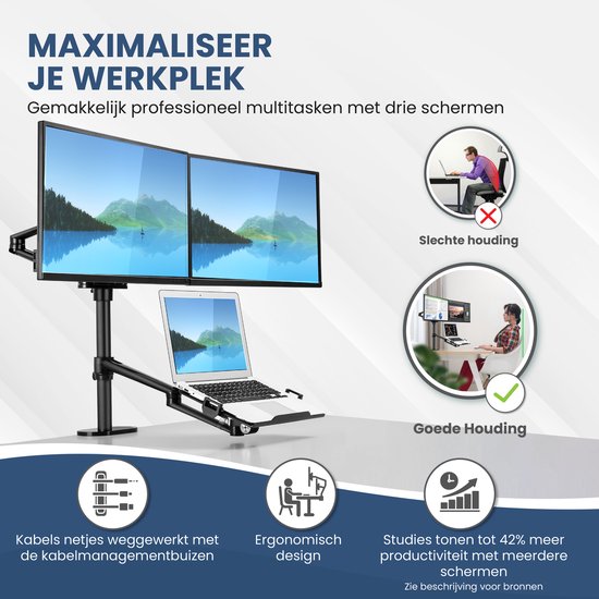 TTD® Monitor Arm 2 Schermen & Laptop - Monitor Arm 3 Schermen - Monitor Arm voor 2 Beeldschermen en 1 Laptop - Volledig Roteerbaar en in Hoogte Verstelbaar - 9 kg per Arm - Monitor Beugel - Zwart - Aluminium - Laptop Standaard Verstelbaar