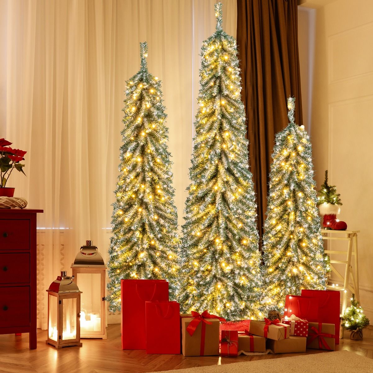 Coast Kunstkerstbomen Set - potloodvorm - met nepsneeuw en LED-verlichting - 120/150/180 cm