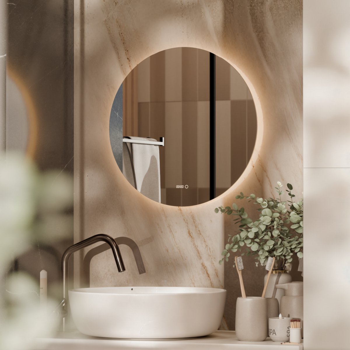 Beloura Badkamerspiegel met Verlichting - Ronde Badkamer Spiegel - Verwarming - Klok - LED - 60 cm
