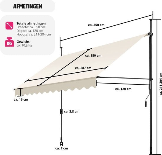 tectake - klemluifel - Zonnescherm – Zonneluifel - Verstelbaar - Klem-zonwering - Zonnescherm Balkon - 350 x 180 cm - beige – zonwering - 404966