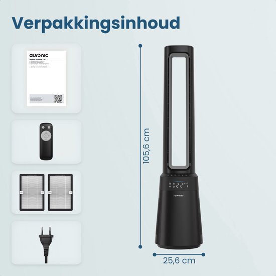 Auronic Torenventilator - Bladeless Model 2 in 1 - Luchtreiniger met HEPA-filter - Ventilator - 10 Standen - Afstandsbediening - 105 cm - Zwart