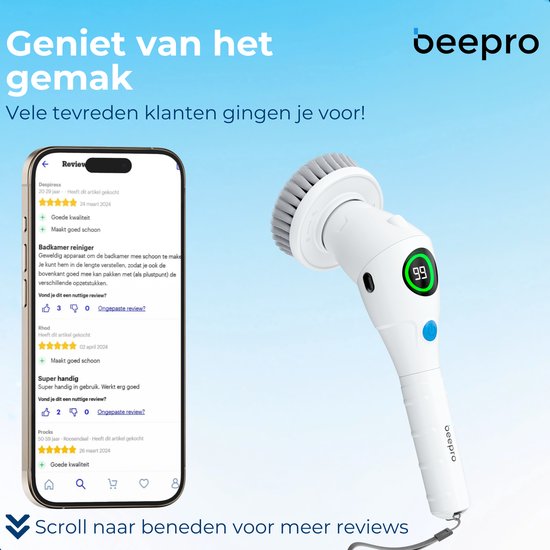 Beepro - Elektrische Schoonmaakborstel - Schrobber met Steel - 10 Opzetstukken