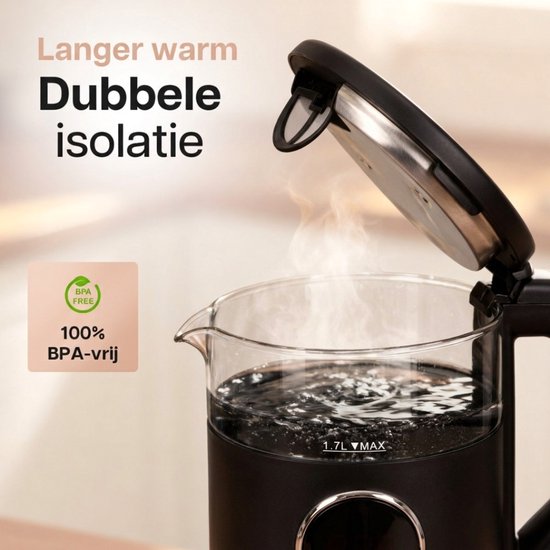 HomeShift® Waterkoker met Temperatuurregeling - Warmhoudfunctie - Dubbelwandig - Elektrisch - 1,7 Liter - 2200W - Zwart
