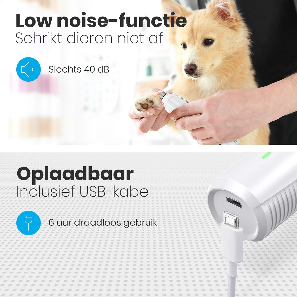 Auronic Elektrische Nagelvijl - voor Dieren - Oplaadbaar - Draadloos - Diamant Vijlkop - Hond/Katten - Wit