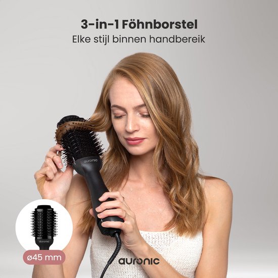 Auronic 3-in-1 Föhnborstel - Airstyler - Lang - Stijl - Krullen - 45 mm Krulborstel - Keramische Magic Brush - 1000W - Zwart/Zwart