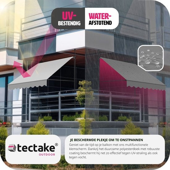 tectake - klemluifel - Zonnescherm – Zonneluifel - Verstelbaar - Klem-zonwering - Zonnescherm Balkon - 200 x 180 cm - lichtgrijs– zonwering - 404958
