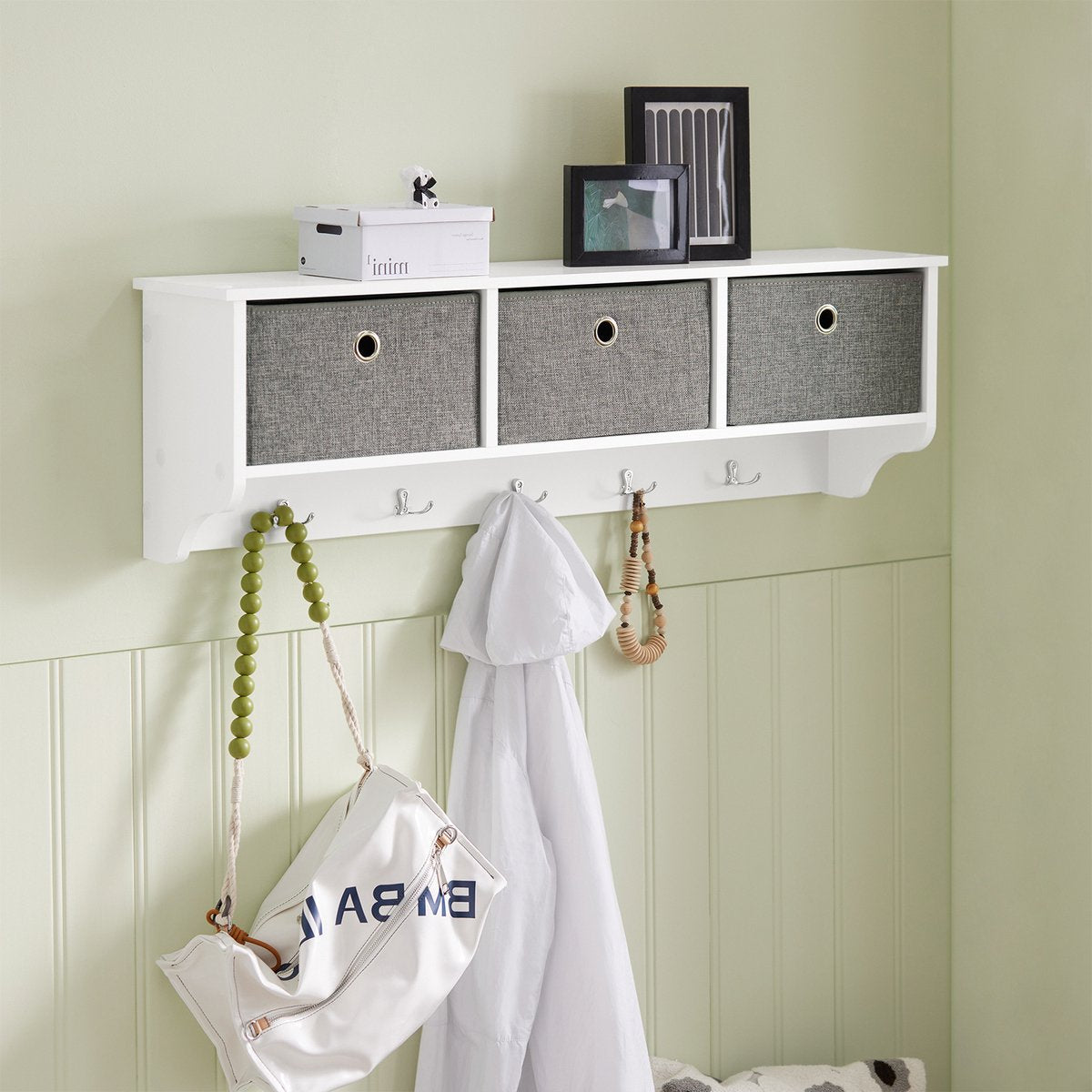 SoBuy FRG282-W Wandkapstok met 3 Lades – Kapstok met 5 Haken & Opbergvakken, Wandrek Halmeubel, Wit-Grijs, 100x20x30cm