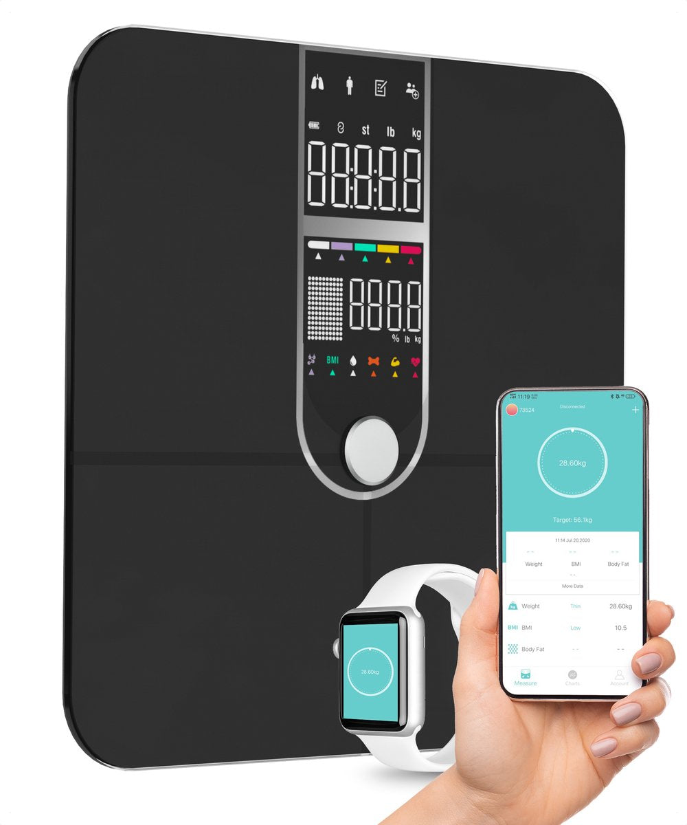 Dymac Quantum Fit Weegschaal Personenweegschaal Digitaal - Zwart - Slimme Weegschaal met 16x Lichaamsanalyse o.a. Vetpercentage - Incl. App