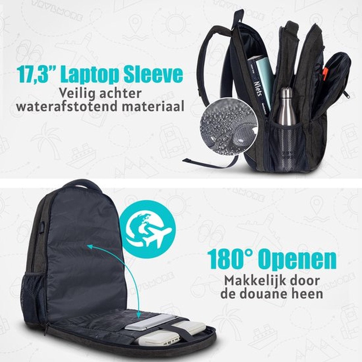 TRVLMORE Rugzak - 36L - 17,3 inch - Laptop Rugtas - Schooltas - Unisex - Spatwaterdicht Antraciet