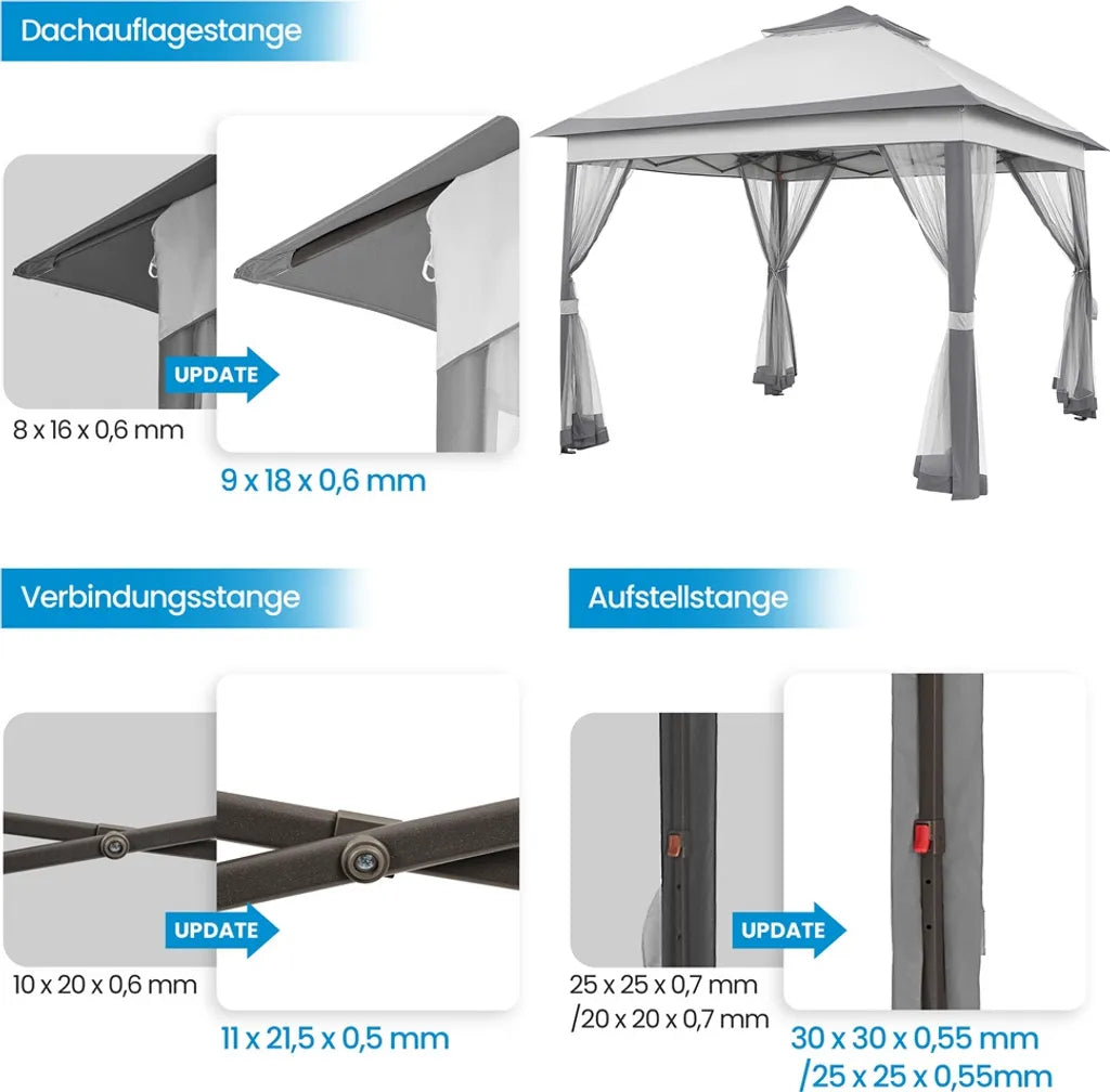 Yaheetech Pop-up Partytent 330 x 330 cm - Lichtgrijs/Donkergrijs - Opvouwbare Tuinpaviljoen met Dubbel Dak en 4 Mesh Zijwanden