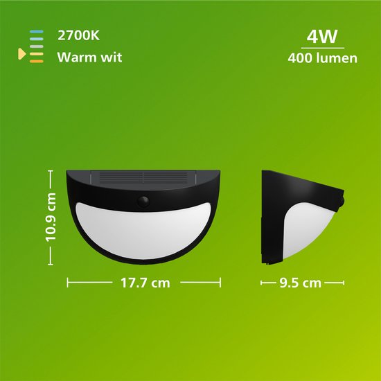 Philips Swyn Solar wandlamp - Zonne-energie - Warmwit licht: 2700K - Zwart - Twee lichtstanden - Schemersensor - Bewegingssensor - IP44: weerbestendig - Solar buitenverlichting