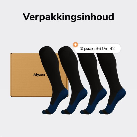 Alyze Compressie kousen - 2 paar - Maat 36-41 - Hoog - Sokken voor mannen & vrouwen - Medische - Neuropathie - Steunkousen - Diabetes - Doorbloeding, Hardlopen, Vliegtuig, Bed - Zwart