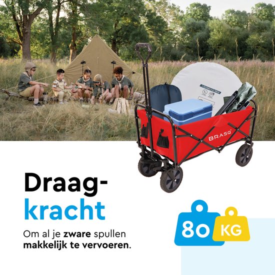 BRASQ Bolderkar Opvouwbaar - 100 Liter - 80 KG Draagkracht - Draaibare wielen mét rem - 90x51x100 CM - Verstelbare hendel - Inklapbare Bolderwagen - Compact – Rood