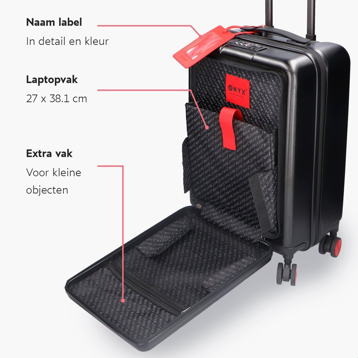 ONYX Handbagage Koffer 35 L - Spinner wielen - Lichtgewicht Trolley - Dubbel TSA Slot - Handig voorvak - 55 cm - Zwart