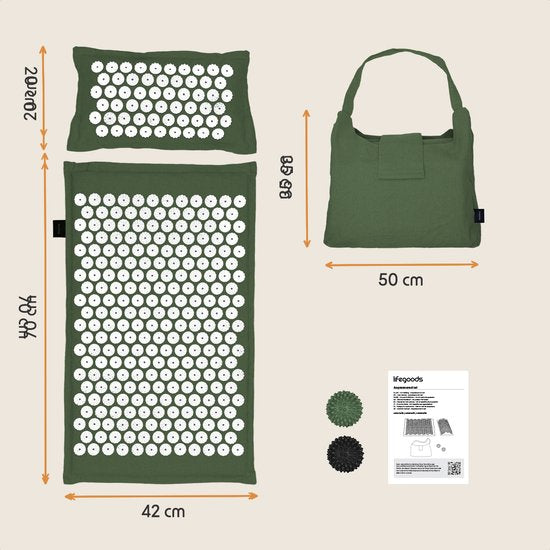 LifeGoods Acupressuur Mat Eco - met Kussen - Shakti mat - Spijkermat Incl. 2x Triggerpoint Bal en Draagtas - 72x43x2cm - Groen/Wit