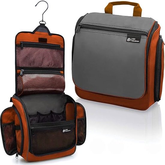 D&D Wanderlust Toilettas met Haak - Ophangbare Luxe Travel Organizer met 10 vakken - Oranje - Unisex Dames & Heren - 6 liter inhoud - Reis Toilettas Hangend Groot - Make up Tasje