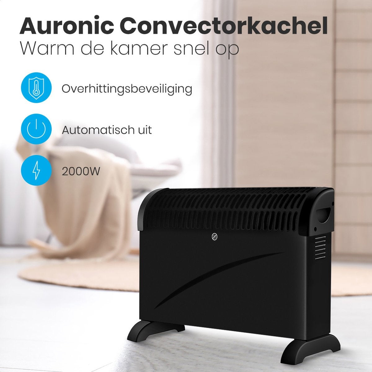 Auronic Elektrische Convectorkachel - 750/1250/2000 Watt - Verstelbare Thermostaat - Zwart