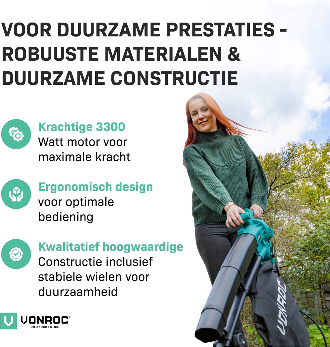 VONROC Bladblazer – Zuigen & Versnipperen – 3300 W – Incl. 40 liter Opvangzak – Zwart