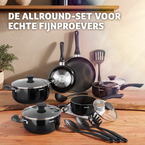 tectake® Pannenset 15-delig - Aluminium met glazen deksels - Inclusief keukengerei - Zwart