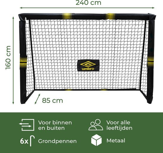Umbro Voetbaldoel - Voetbal Goal 240 x 160 x 85 cm - Voetbalgoal Groot - Buitenspeelgoed voor Kinderen en Volwassenen - Snelle Montage - Voetbal Training Doel - Metaal - Zwart/ Geel