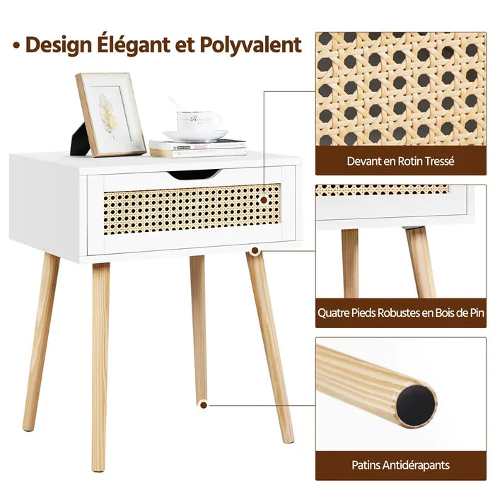 Yaheetech Nachtkastje 48,5 x 40 x 57,5 cm - Rattan Look - 1 Lade - Wit
