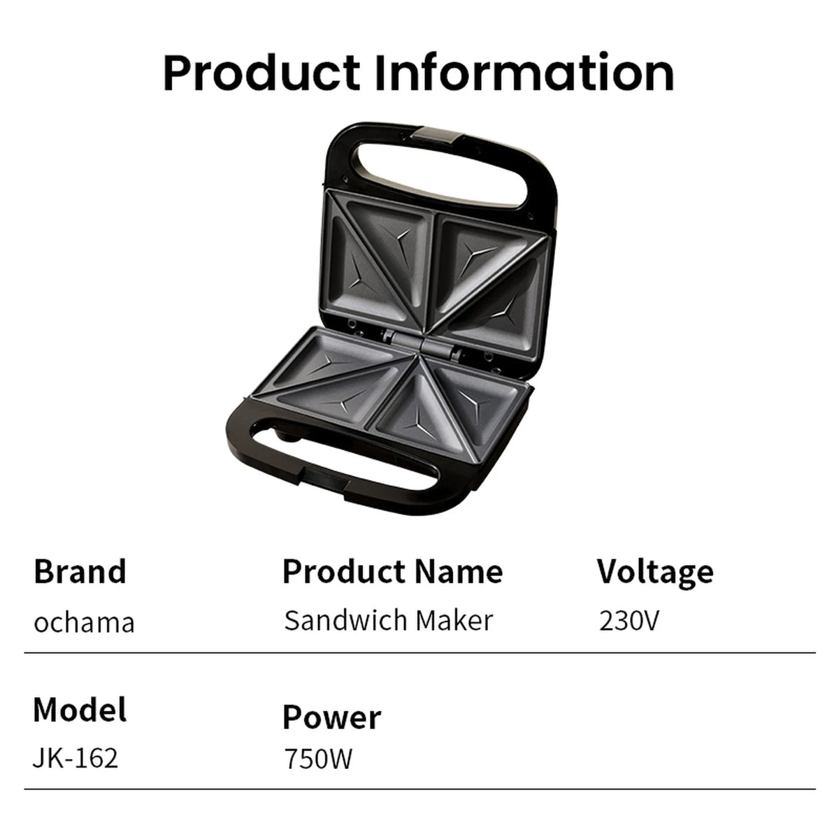 Ochama Sandwichmaker 750W - Dubbele Grillplaten - Knapperige Tosti's - Antiaanbaklaag - Zwart
