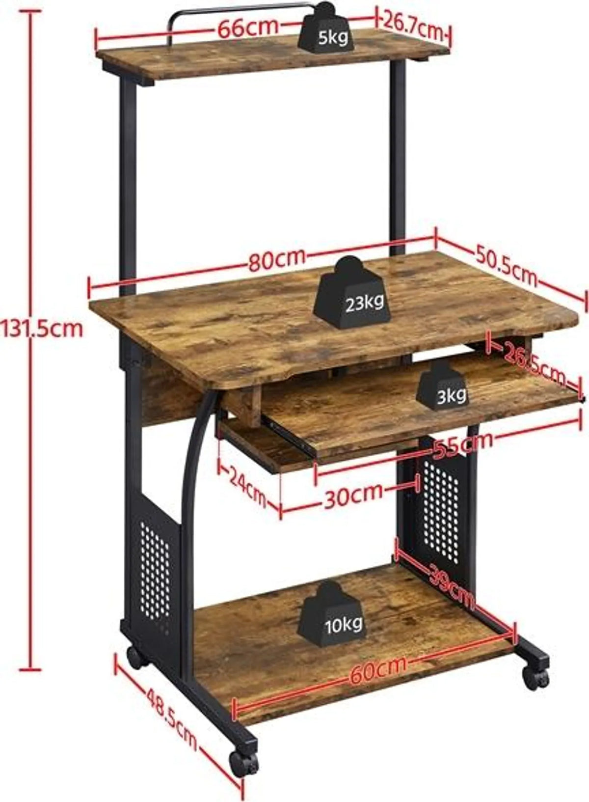Yaheetech Computerbureau met opbergplanken en wielen - 80,5 x 60 x 132 cm - Rustiek bruin