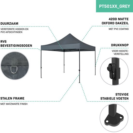 VONROC Partytent - 3x3 m – Premium easy-up Partytent - Modulair Ontwerp – Opvouwbaar – Waterdicht – Stalen Frame - 50+ UV Bescherming - Incl. Opbergtas - Grey