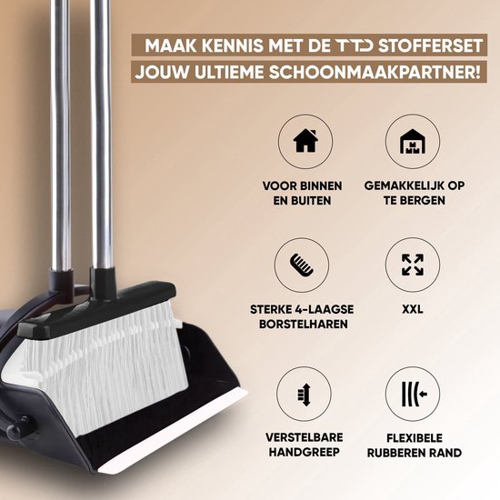 TTD® Stoffer en Blik met Lange Steel XXL - Verstelbaar 54-263 cm - Bezem - Bezemsteel - Grijs & zwart - Veger en Blik - Vuilblik voor Binnen en Buiten - Ingebouwde Schoonmaaktanden