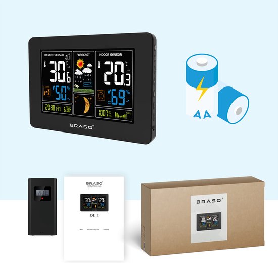 BRASQ Draadloos Weerstation binnen en buiten - Hygrometer - Luchtvochtigheidsmeter - Met buitensensor tot 60 meter - Thermometer - Barometer - inclusief batterijen