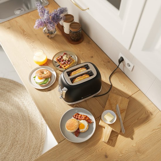 KitchenBrothers Retro Broodrooster - Toaster - 6 Warmteniveaus - 2 Extra Brede Sleuven - 815W - Zwart