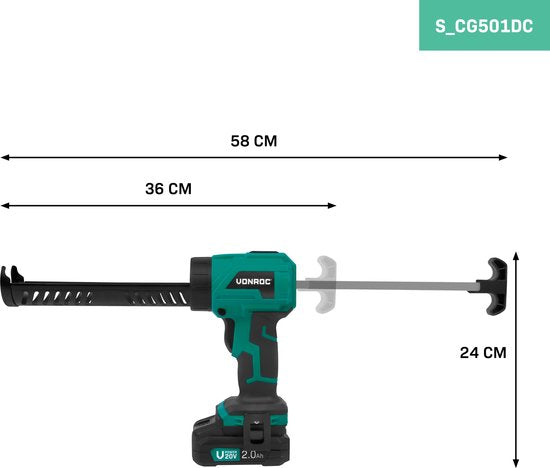 VONROC Accu Kitspuit 20V - duwkracht 1.18kN/120kg - met variabele snelheidsregeling - geschikt voor alle gangbare kitpatronen - Incl. 2.0Ah Accu en snellader