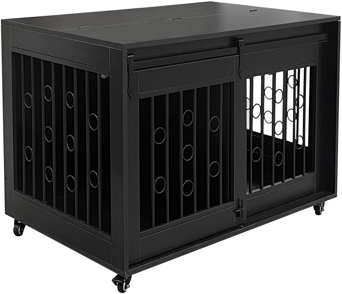 HuisenDier Hondenhok op Wieltjes - Bench voor 2 Honden - Verrijdbaar - 2 Afzonderlijke Ruimtes - Puppy & Kleine Honden - Zwart
