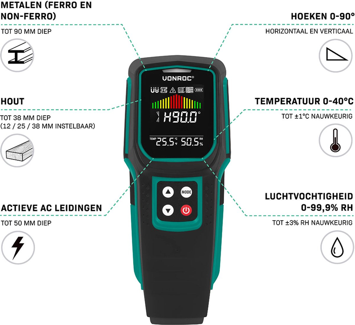 VONROC Leidingzoeker WD501DC – Multidetector voor metaal, hout en elektra – met digitale hoekmeter, temperatuur- & luchtvochtigheidsmeting – Multicolor LCD – 17 x 7 x 3 cm