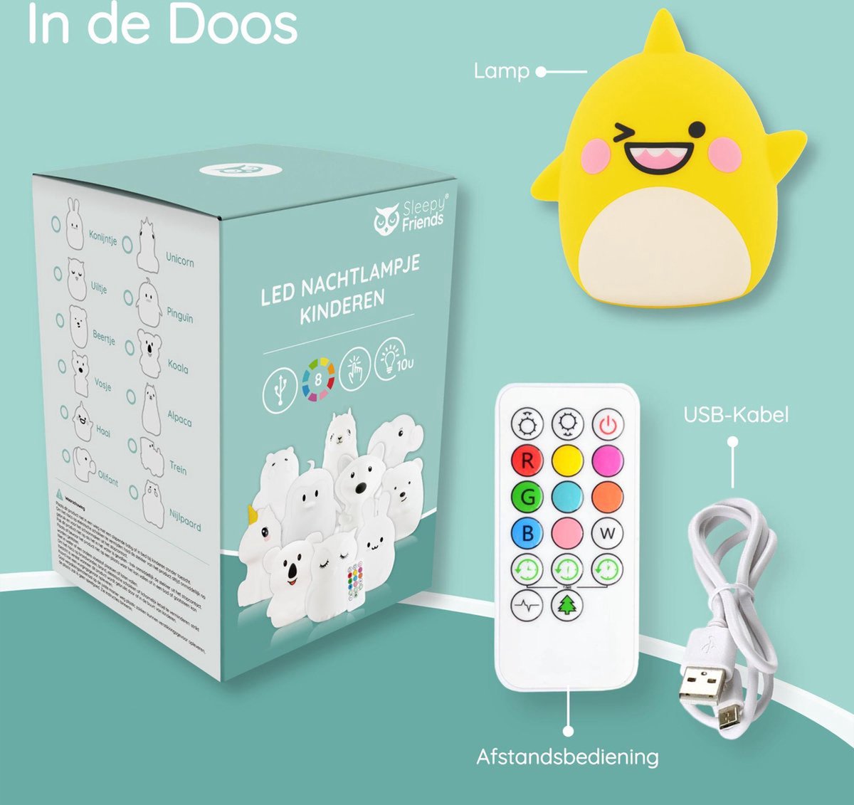 Sleepy Friends Kinder Nachtlampje Haai - 8 Kleuren - Dimbaar - Touch & Afstandsbediening - USB Oplaadbaar - 95x97x100 mm - Zachte Siliconen