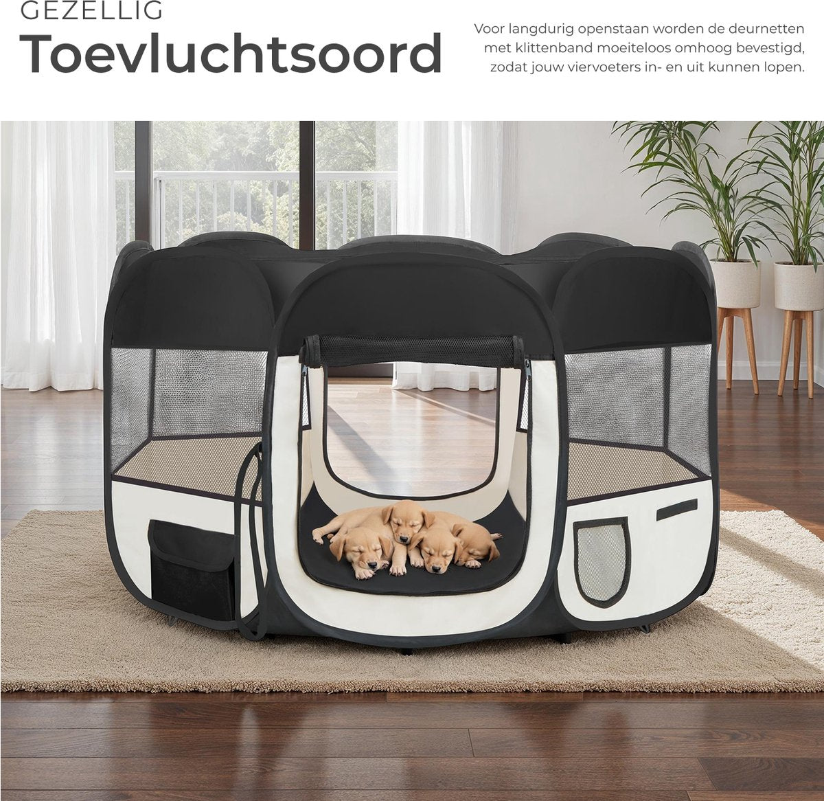 Tectake Opvouwbare Puppyren - beige met zwart - 125 x 125 x 64 cm - Incl. Draagtas