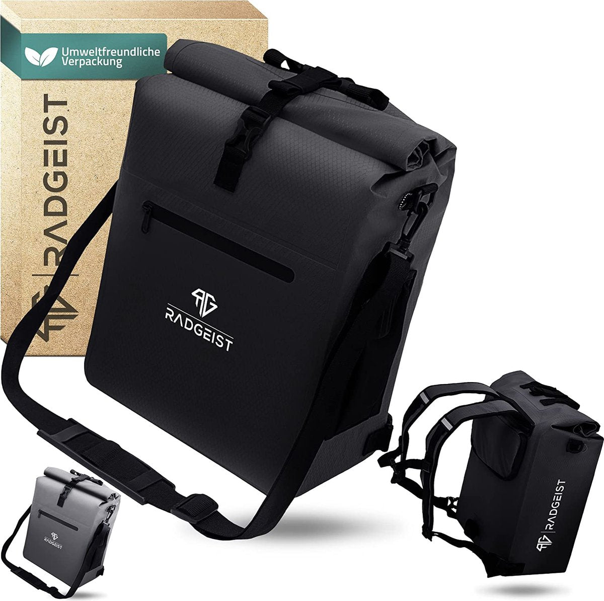 RADGEIST 3-in-1 Fietstas voor Bagagedrager - Rugzak, Schoudertas & Bagagedragertas - Waterdicht met Laptopvak 25L - Zwart