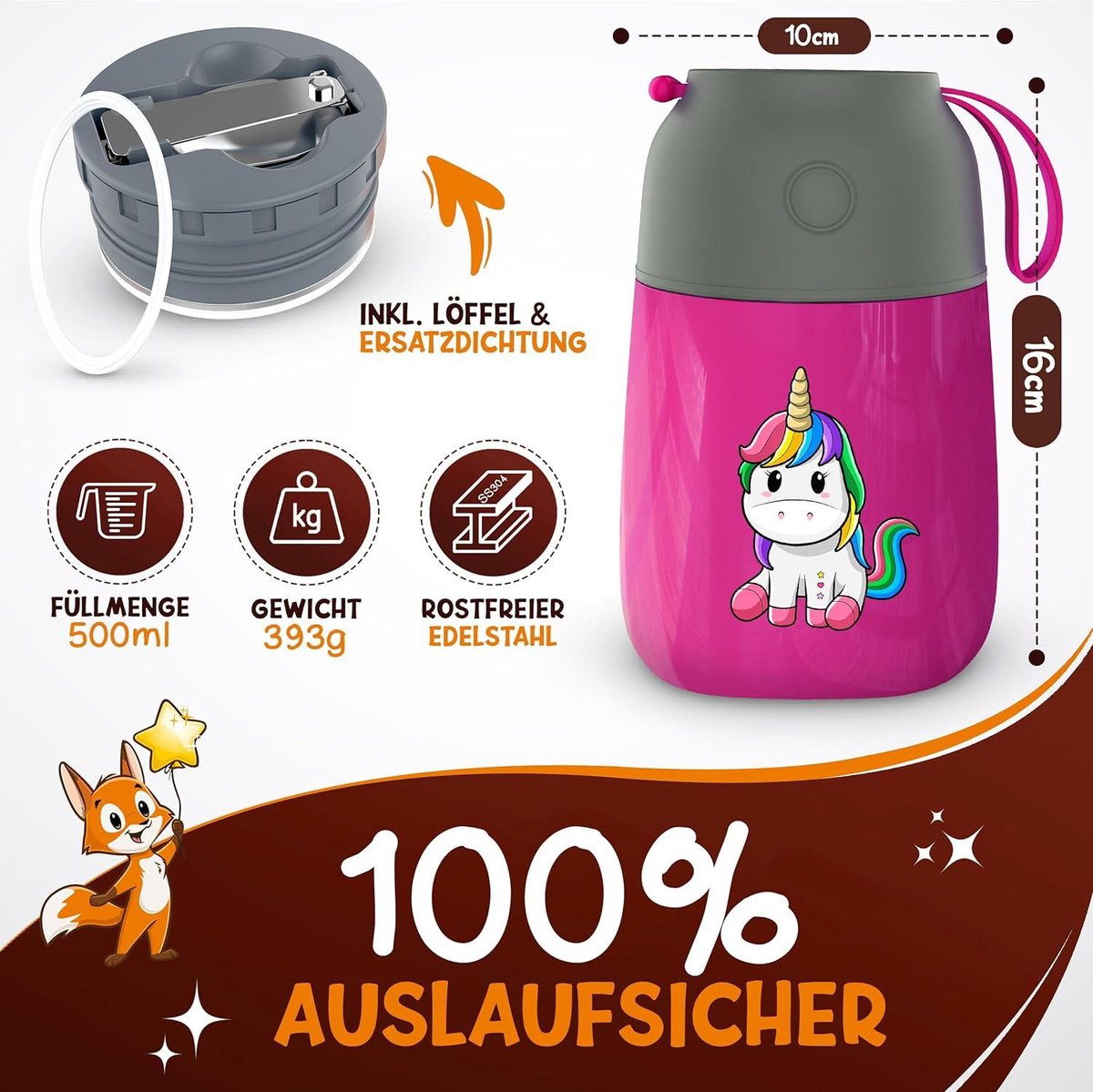 FUNKELFUCHS® Thermobeker voor kindervoeding - 500ml, roze eenhoorn - 100% lekvrij - Roestvrijstalen voedselwarmer - Thermo beker eten - Thermo lunchbox kinderen - Baby voedselwarmer