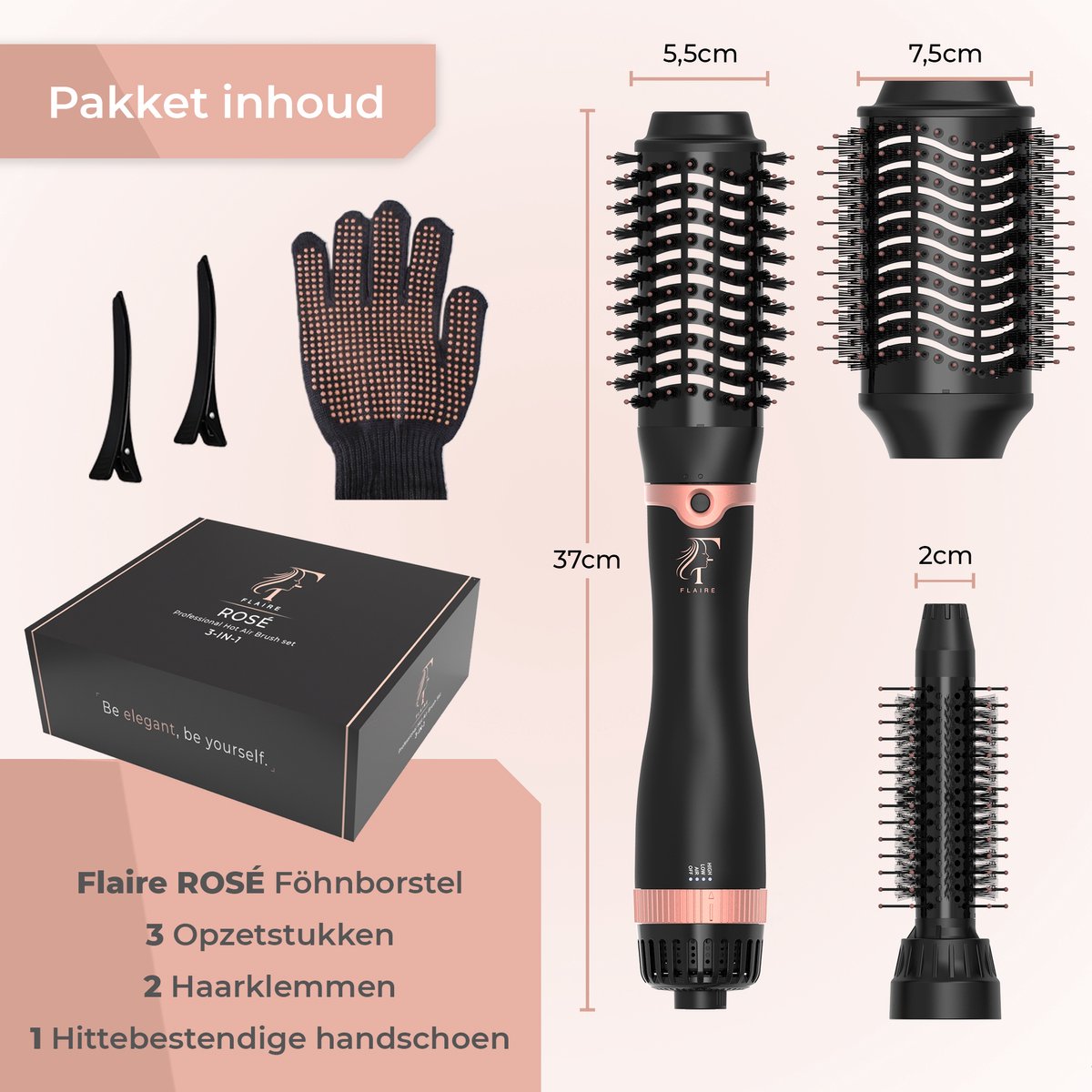 Flaire ROSÉ Föhnborstel met 3 Opzetstukken - Keramische Krulborstel - Ionisch - 1200W - Zwart