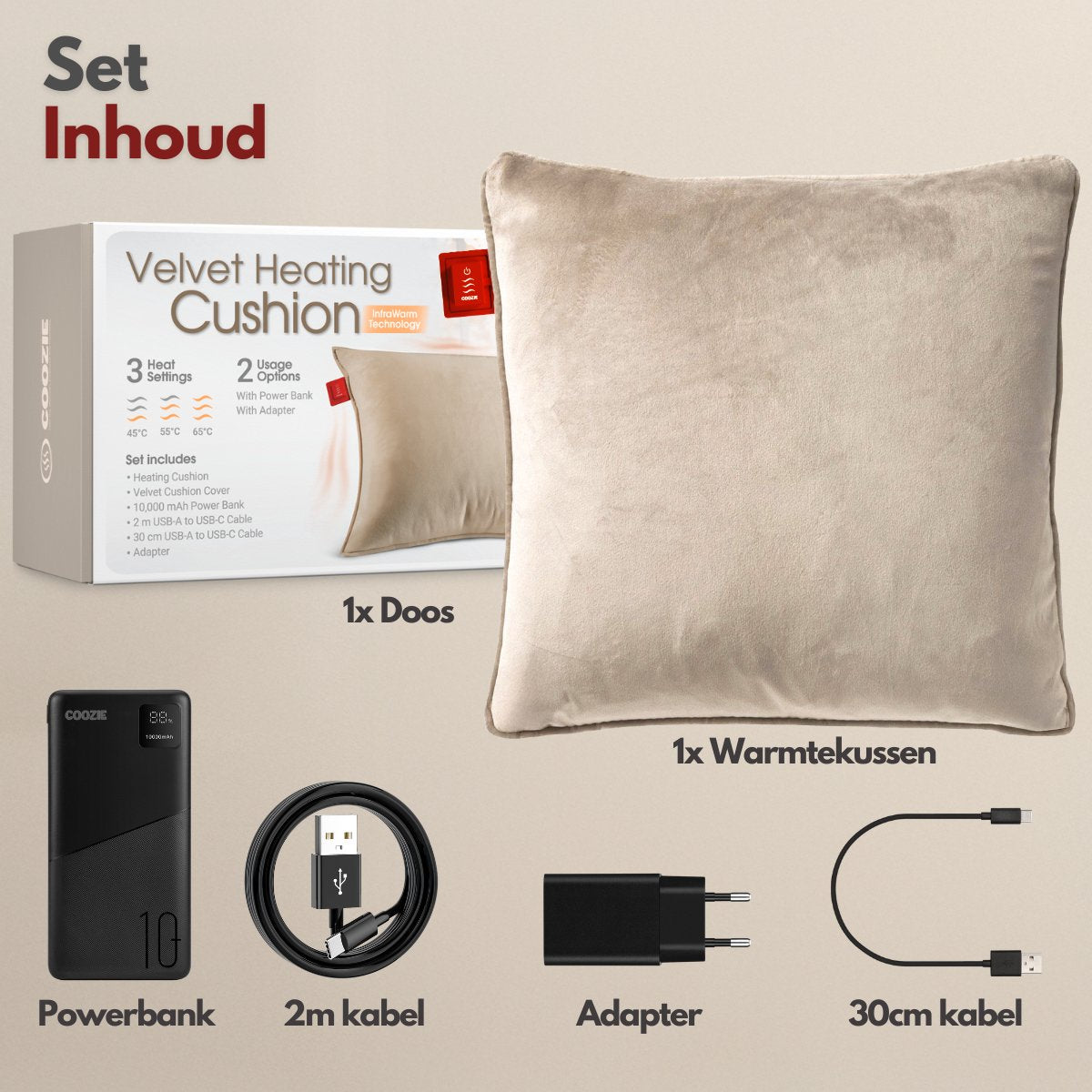Coozie Oplaadbaar Warmtekussen 45x45 cm – Draadloos & Bedraad – 3 Warmtestanden (45–65°C) – Velvet Beige – Incl. 10.000 mAh Powerbank