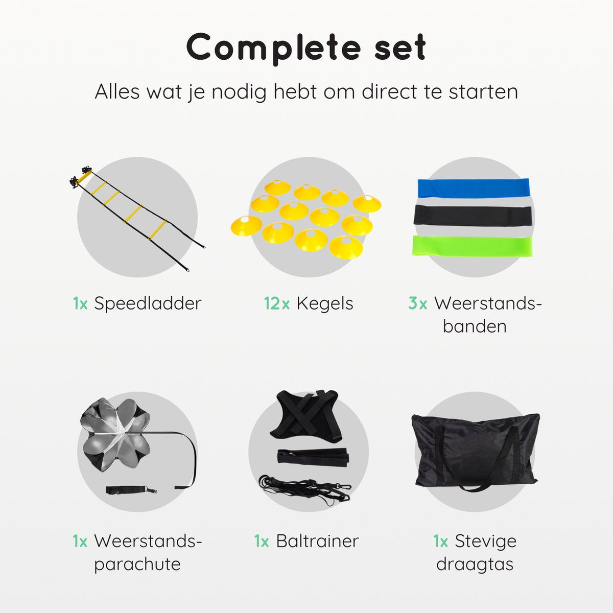 Volcan Voetbal Trainingsmateriaal Set - Training Spullen - Trainingshoedjes - Pionnen - Speedladder - Kegels - Weerstandsbanden - Weerstandsparachute - Baltrainer - Incl. draagtas