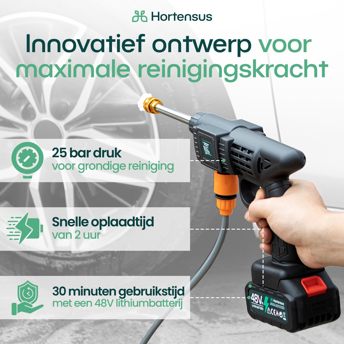 Hortensus 3-in-1 Hogedrukreiniger - Draagbaar - Incl. 48V-Accu en Opbergbox - 25 bar werkdruk - Zwart