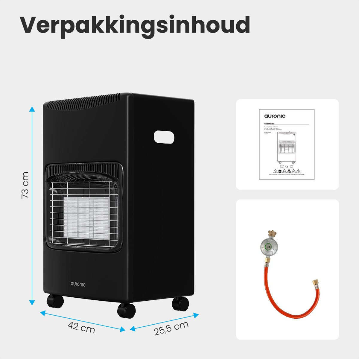 Auronic Mobiele Gaskachel - met Wieltjes - tot 60 m² - 4100W Gas Heater - Inclusief Gasdrukregelaar en Gasslang - Zwart